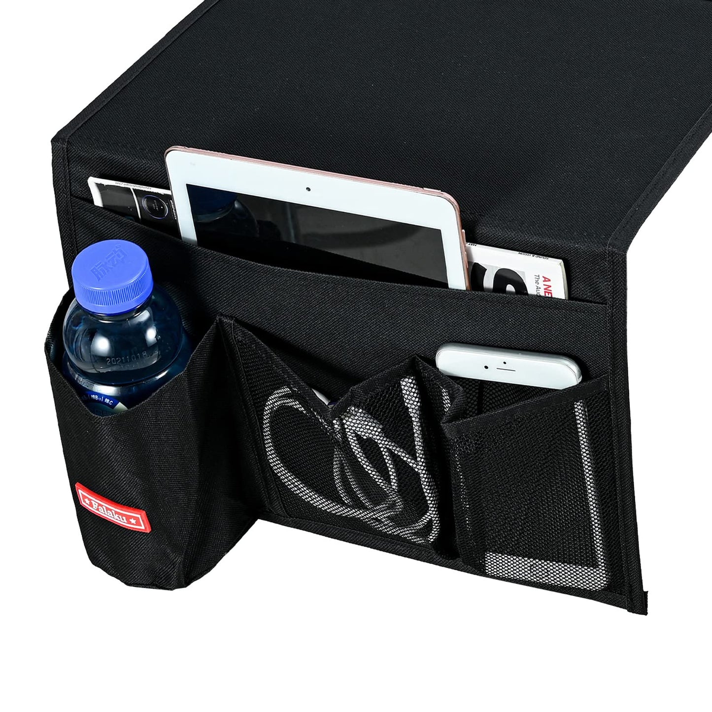 Falaku Bedside Caddy, 4 Pockets Bedside Organizer Caddy Under Mattress,Holds Water Bottles,Magazines,Books (Classic 4 Pockets-Black)