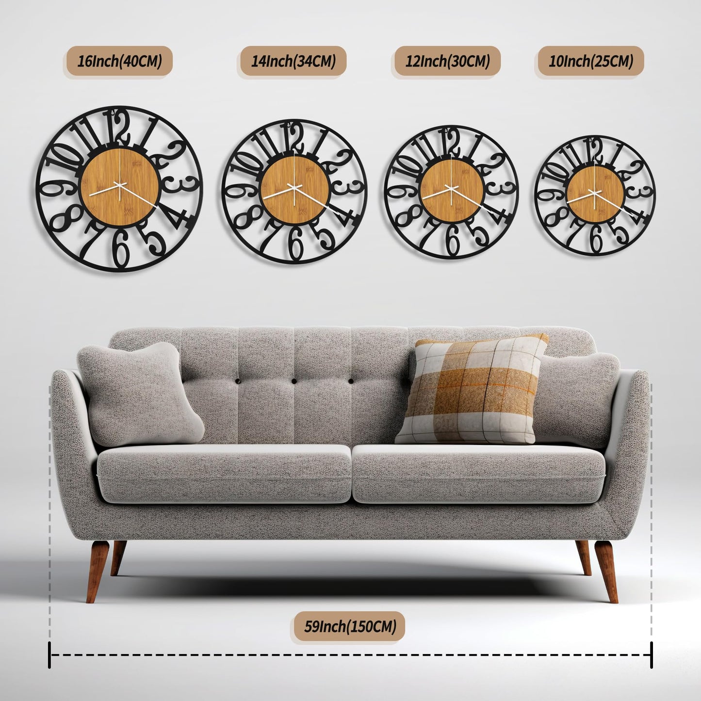 Maxstar Wall Clock Battery Operated,Silent Non-Ticking Modern Rustic Metal Round Clocks Small for Living Room/Bedroom/Office/Kitchen/Farmhouse Home Decor-14 Inch(Yellow-Wood)