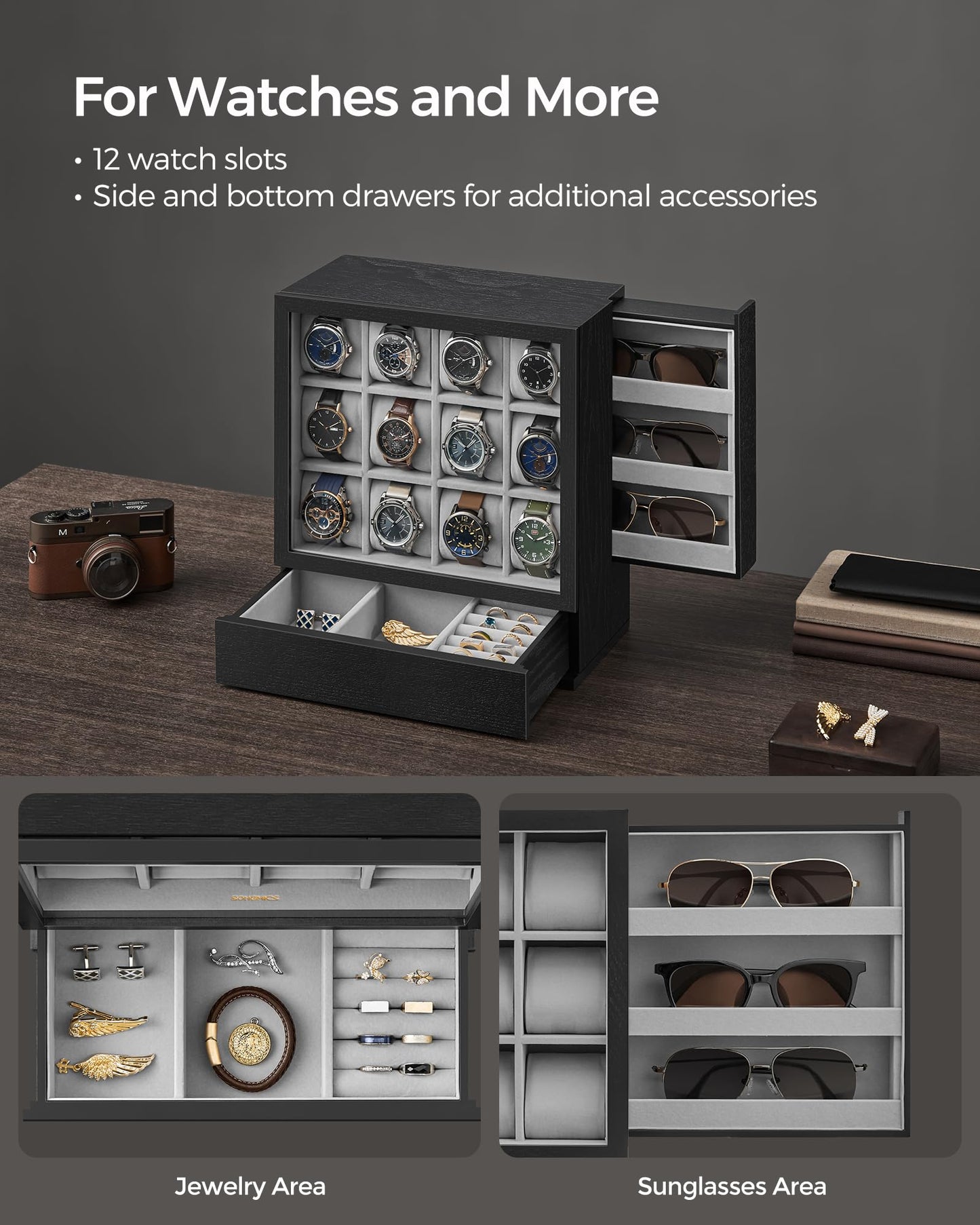 SONGMICS 12-Slot Watch Box, Watch Display Case with Window, Solid Wood Veneer, Velvet Lining, Vertical Storage, Space Saving, Fathers Day Gift for Dad, Ebony Black UJOW014B01