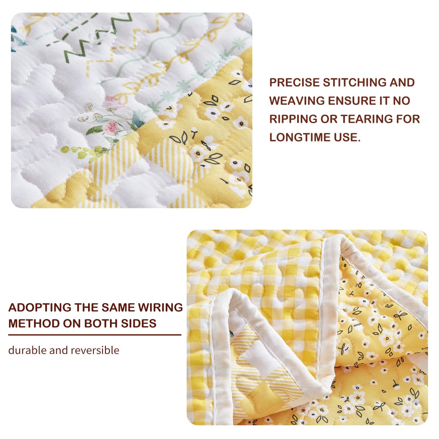 Joyreap 3 Pieces Floral Patchwork Quilt Set Queen, Yellow n White Flowers Design, Soft n Cozy Microfiber Quilt, Bedspread Bed Cover for All Season, 1 Quilt and 2 Pillow Shams- 90x90 inches