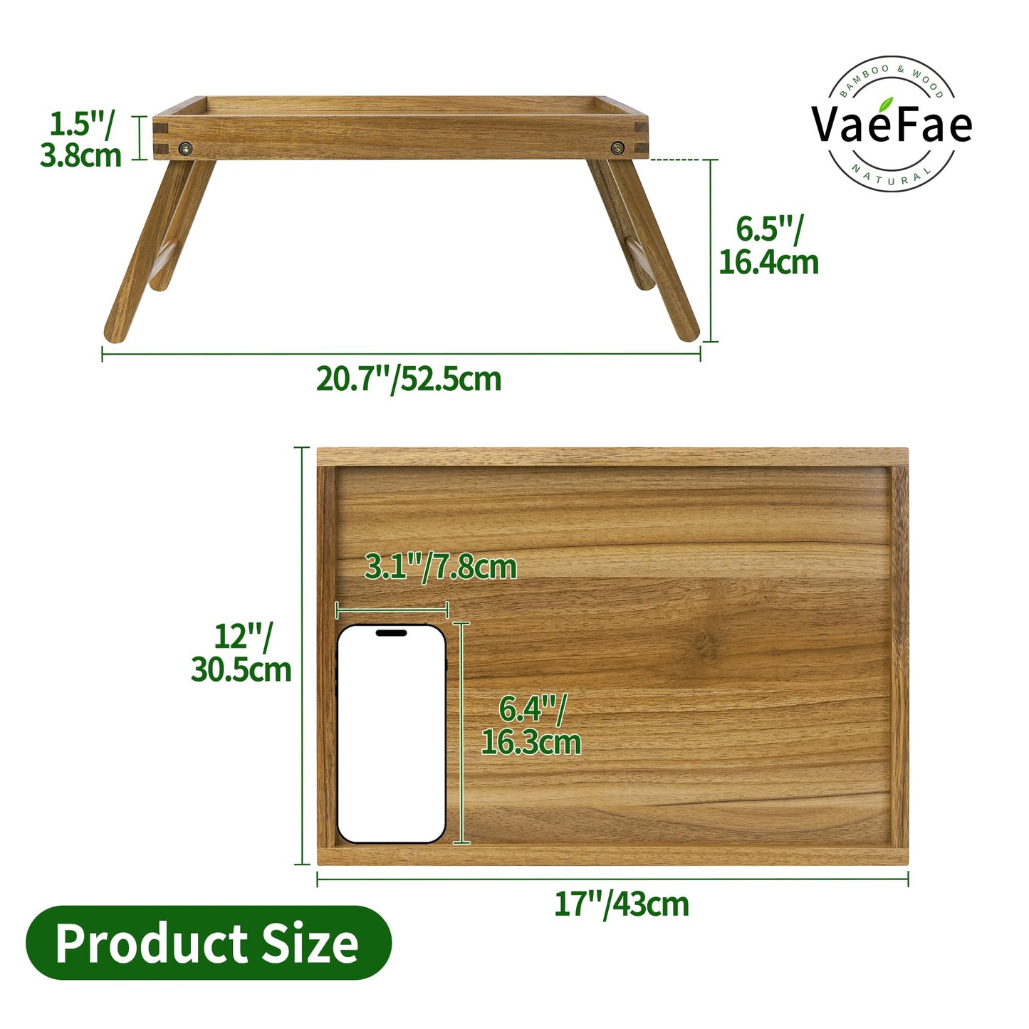 VaeFae Acacia Bed Table Tray, Wooden Breakfast Tray with Folding Legs, Bed Tray for Eating and Laptop, Eating Trays for Bedroom, (2 Pack)