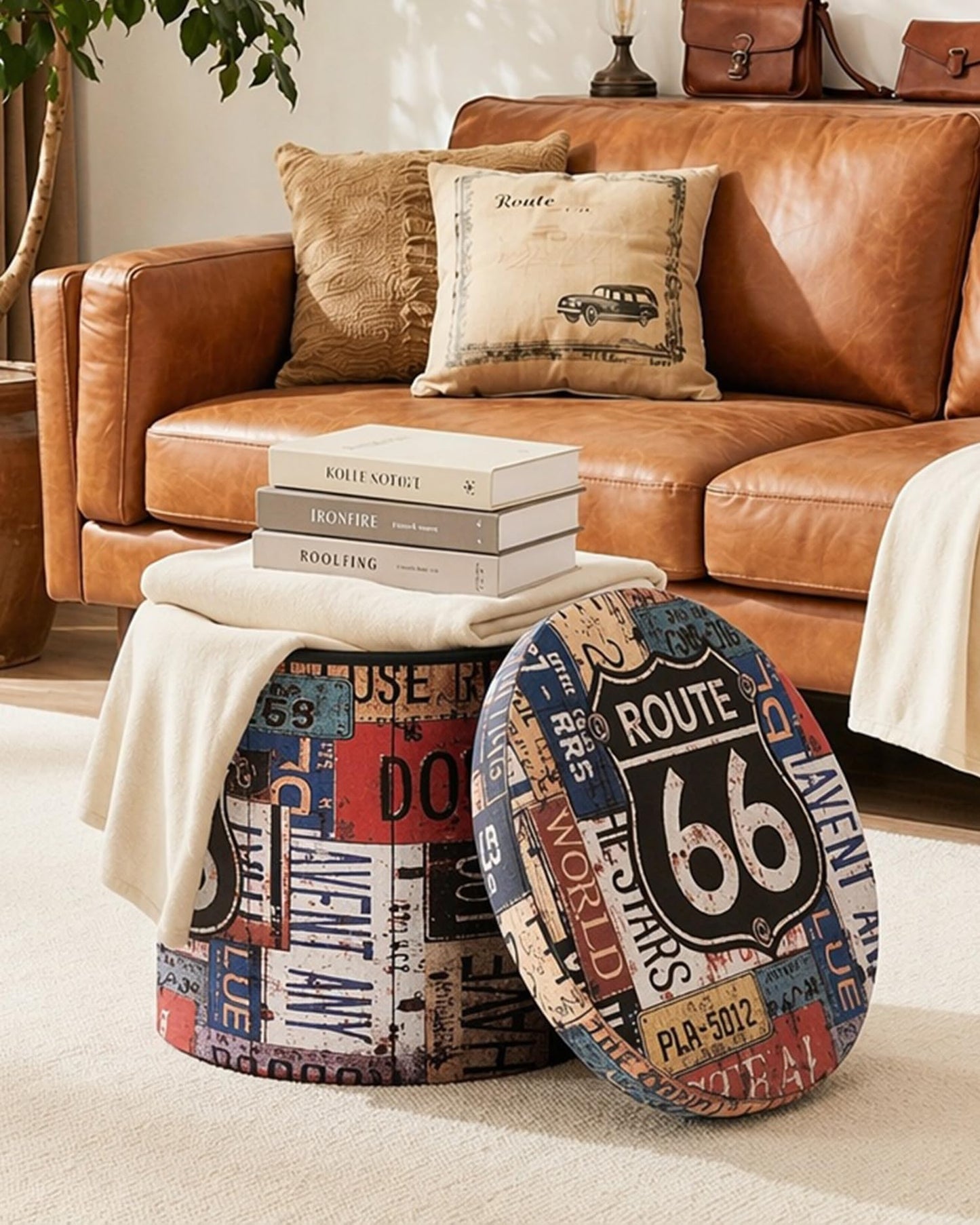 B FSOBEIIALEO Folding Storage Ottoman Round, Faux Leather Foot Rest Seat, Storage Organizer Chest 15" (Route 66 Barrel)