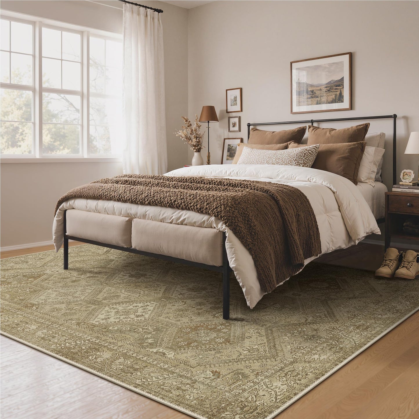 Bavni 5x7 Area Rugs for Living Room, Machine Washable Rug Non Slip, Vintage Chenille Distressed Print Carpet, Large Low Pile Ultra-Thin Lightweight Rugs for Bedroom, Dining Room, Office, Nut Brown