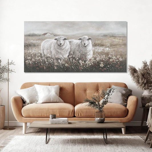 YETHEN WAL Large Sheep Pair Wall Art, Wildflower Field Landscape Canvas Print, Rustic Modern Farmhouse Wall Decor for Living Room Dining Room, Above Sofa, 24x48 Inch