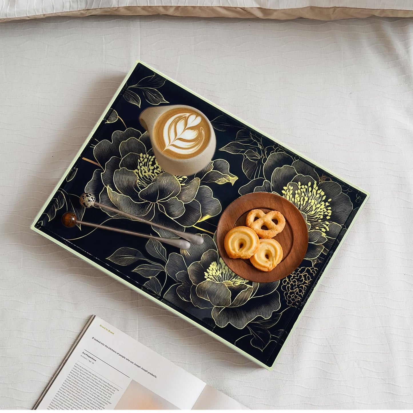 PDUHKO Serving Tray with Handles, 15.7 * 11.8 inches, Plastic Ottoman Tray with Exquisite Paintings, Trays for Coffee Table