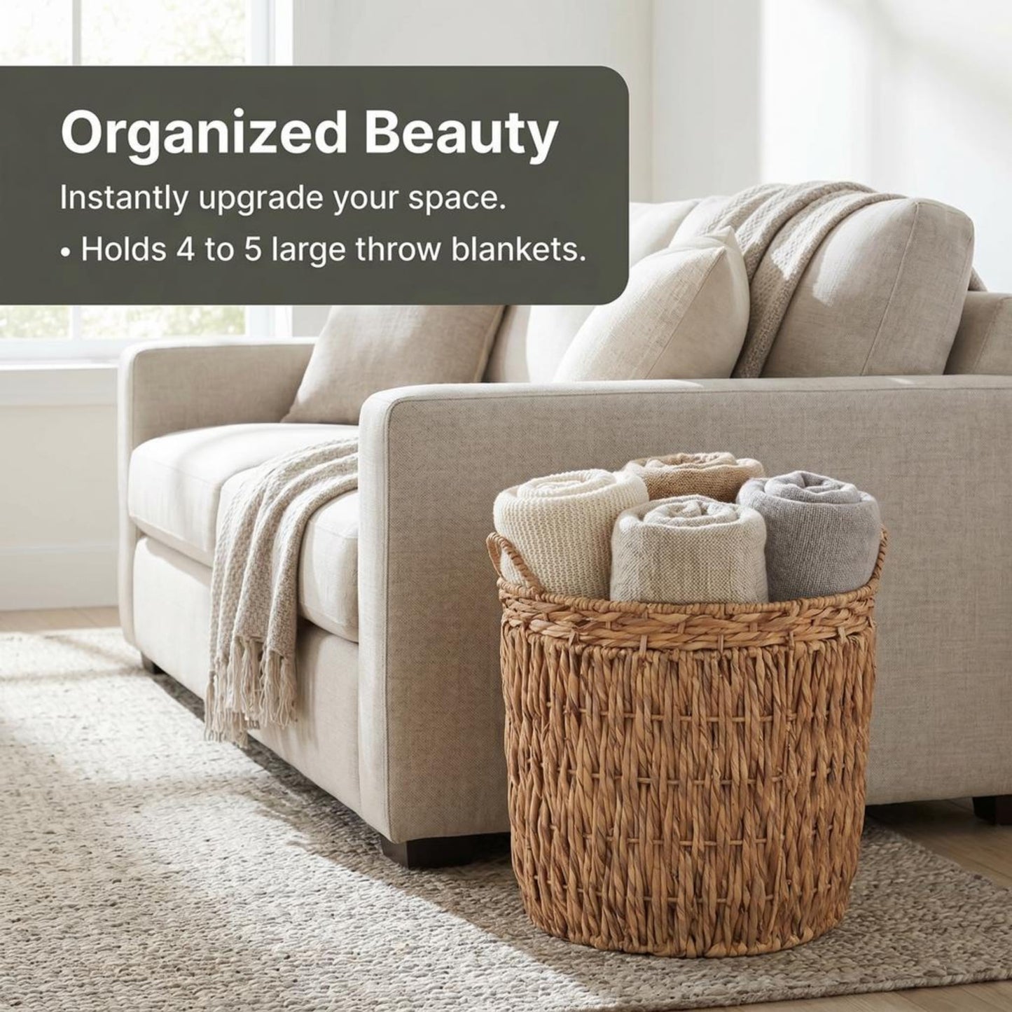 Household Essentials Tall Wicker Floor Basket, Woven Decorative Basket with Handles, Handmade, Great for Laundry and Storage, Natural