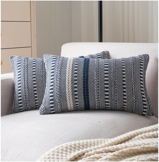 Cethom Boho Throw Pillow Covers 12x20 Inch Set of 2, Farmhouse Decorative Couch Pillow Cases, Navy Blue Accent Pillows of Bed, Sofa Bedroom Living Room Home Decor Cushion Cover