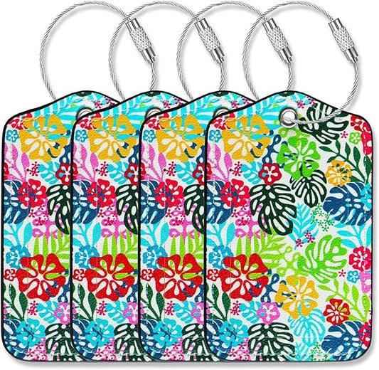 Luggage Tags for Suitcases-Leather Luggage Tag 4 Pack with Loops Hawaii Cute Bag/Backpack/Suitcase Tags Travel Essentials for Flying