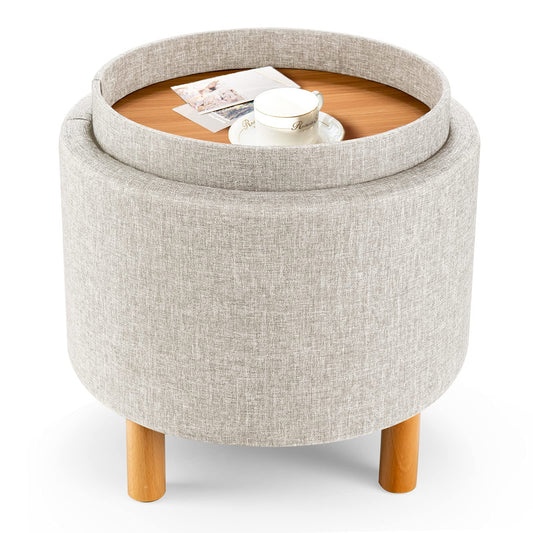 Giantex Round Storage Ottoman with Tray Lid, Accent Storage Footstool w/Soft Padding, Fabric Sitting Stool w/Solid Wood Legs & Non-Slip Pads, Tray Top Coffee Table for Living Room, Bedroom (Beige)
