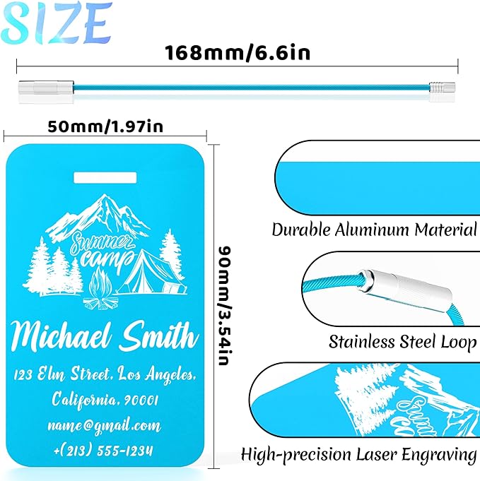 4 PCS Personalized Luggage Tags for Suitcase, Custom Engraved Aluminum Luggage Tags with Your Personalized Text Logo, Metal Name Tags with Steel Loop for Bag, Suitcase, Backpack (Lake Blue, Large)