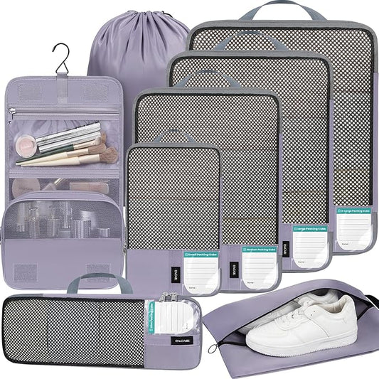 BAGAIL 4 Set/6 Set/8 Set Compression Packing Cubes Travel Accessories Expandable Packing Organizers(HalfMesh,8-Dusty Purple)