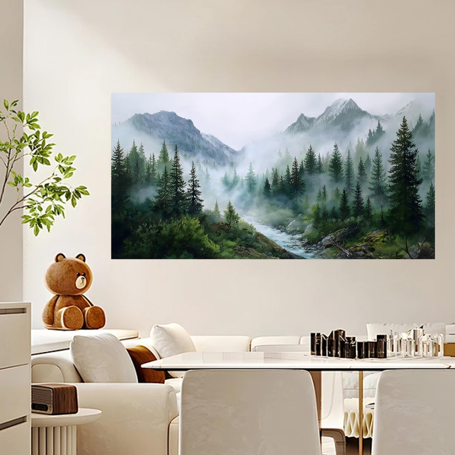 Trogonup Large Misty Forest Wall Art for Living Room Green Mountain Landscape Canvas Prints with Trees and River Modern Nature Artwork for Bedroom Office Home Decor 20"x40"