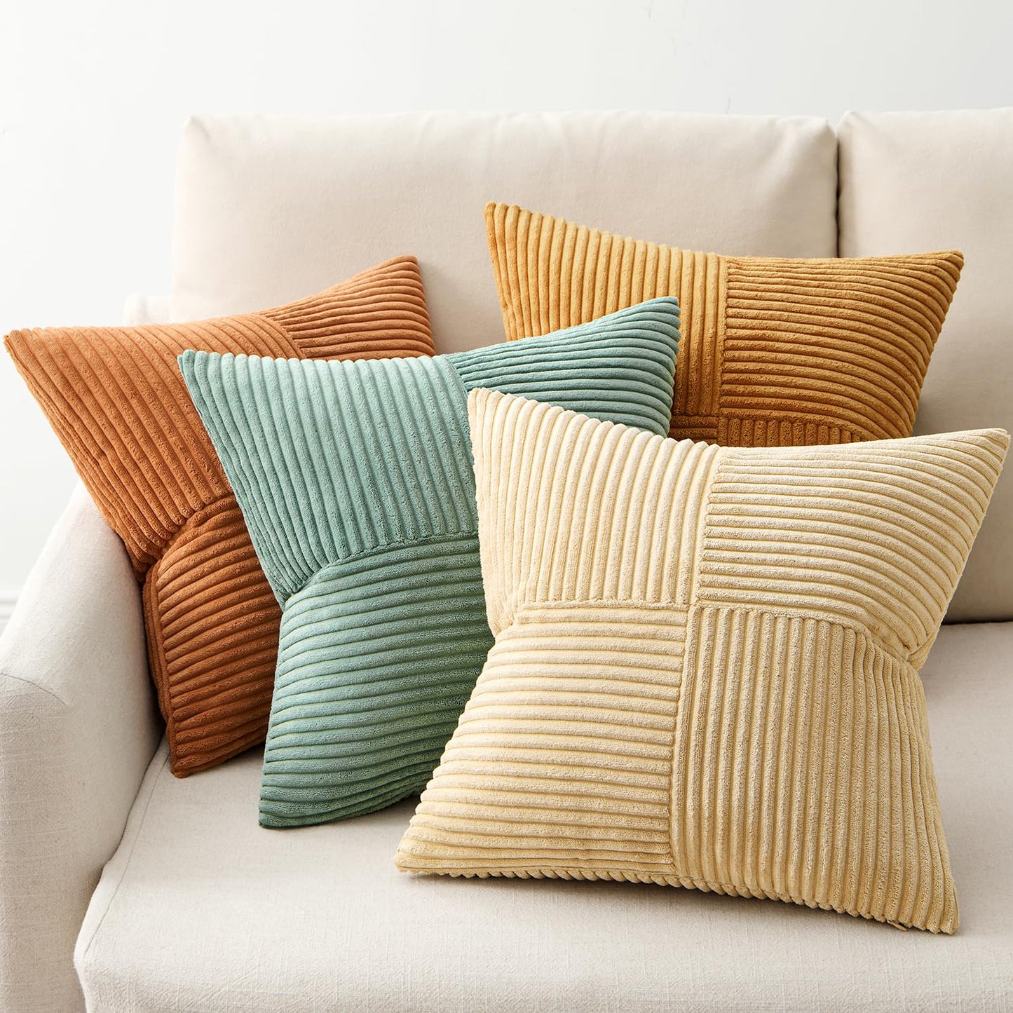 ANRODUO Pack of 4 Decorative Throw Pillows for Couch Orange Teal 18x18 Inch Boho Cozy Soft Corduroy Cushion Covers Farmhouse Accent Pillowcases for Mid Century Summer Home Decor Sofa Bed Living Room
