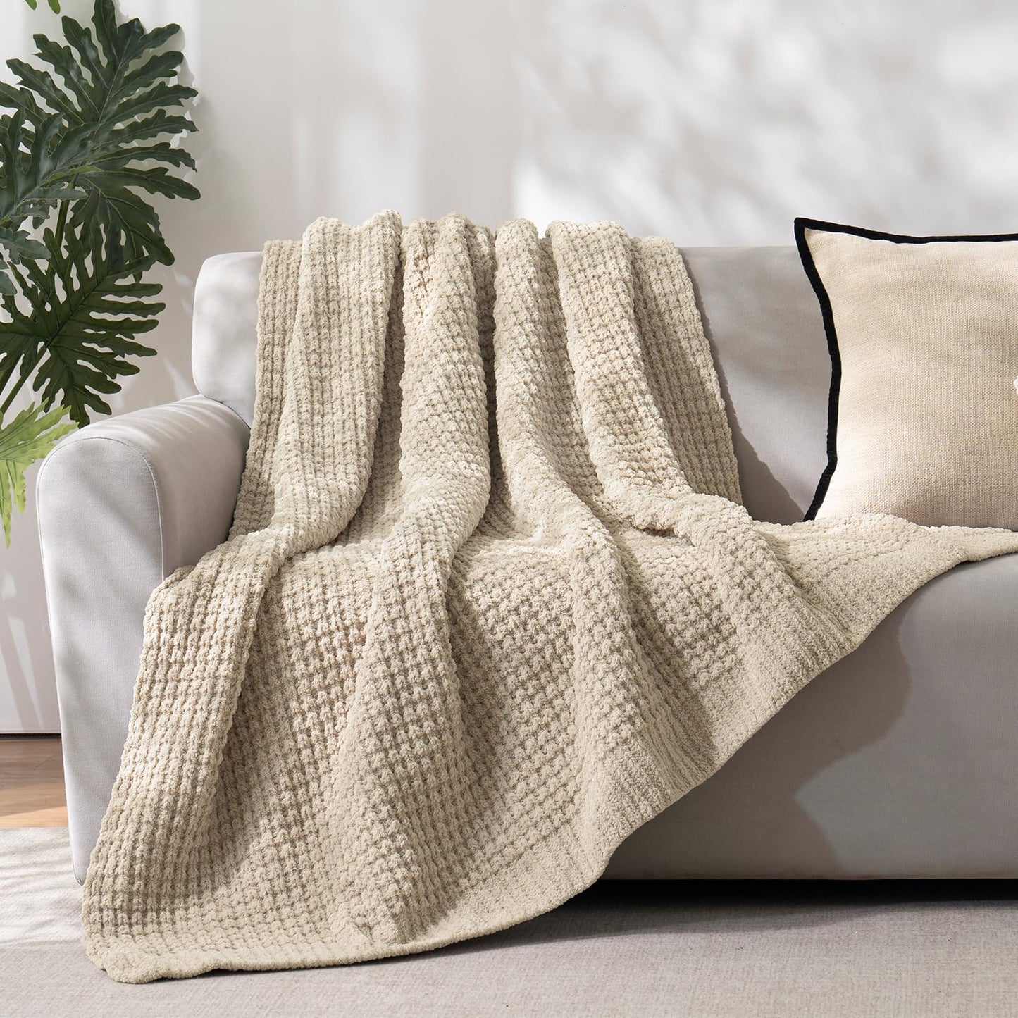PHF Chenille Waffle Knit Throw Blanket- Plush Warm & Cozy 50" x 60" Ultra Soft Blanket- Chunky Fluffy Waffle Throws for Couch Bed Sofa - Natural