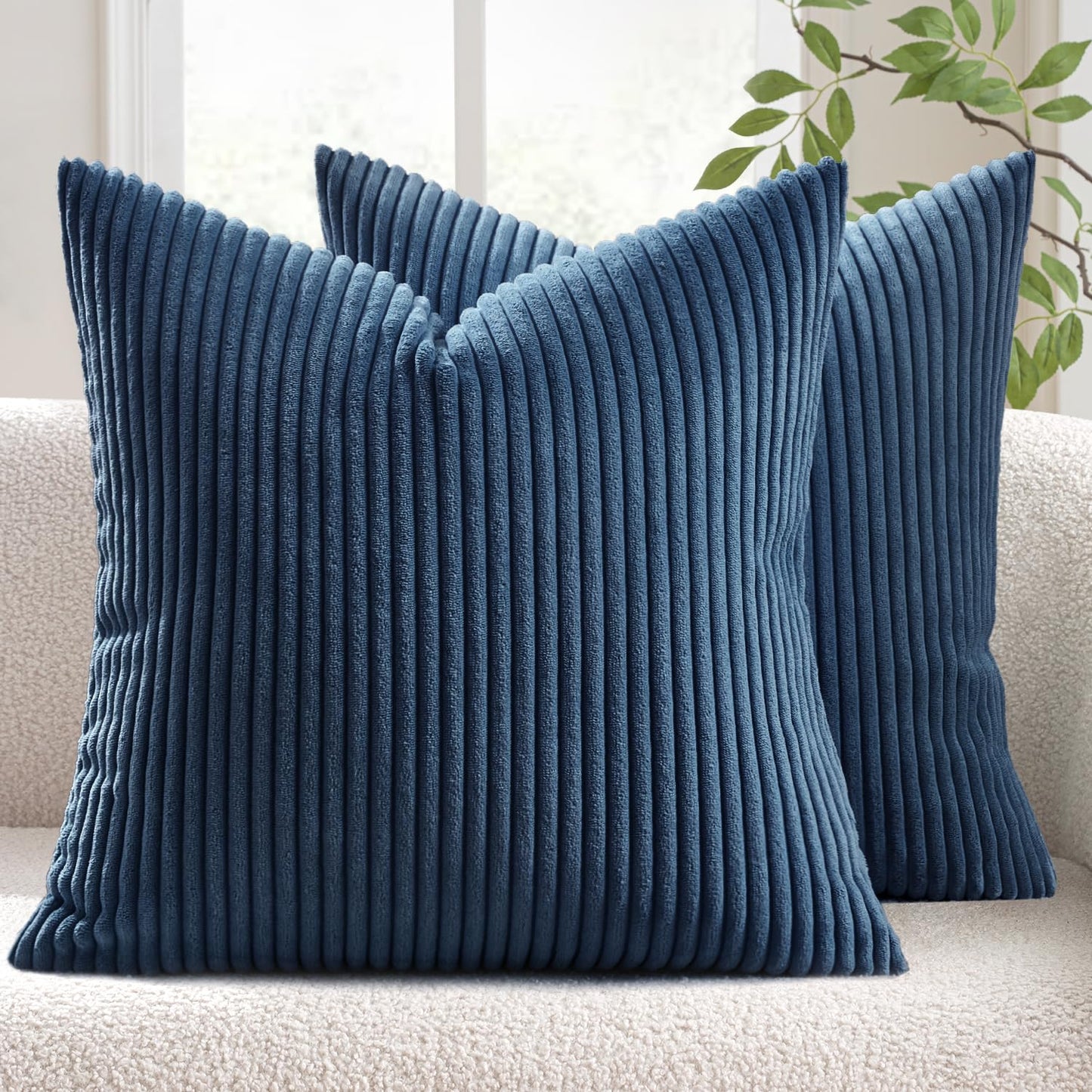 MIULEE Decorative Corduroy Pillow Covers Soft Solid Pack of 2 Cushion Cases Boho Square Throw Pillow Covers Navy Blue Coastal Pillowcases for Couch Chair Sofa Bed Living Room Home Decor 18 x 18 Inch