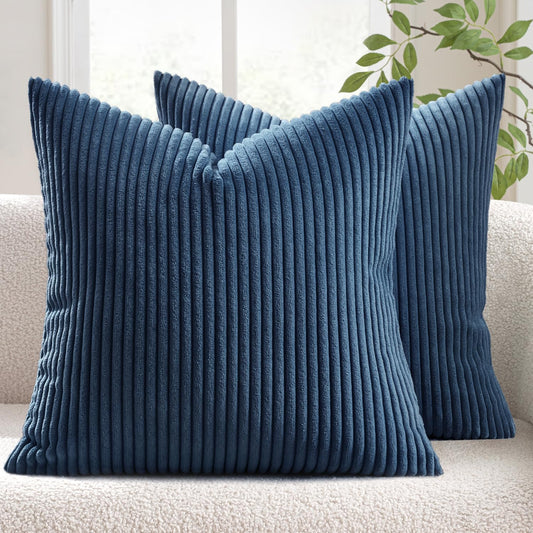 MIULEE Decorative Corduroy Pillow Covers Soft Solid Pack of 2 Cushion Cases Boho Square Throw Pillow Covers Navy Blue Coastal Pillowcases for Couch Chair Sofa Bed Living Room Home Decor 18 x 18 Inch
