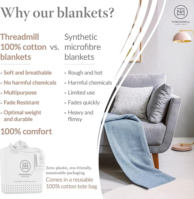 Threadmill Luxury Cotton Blankets for Twin Size Bed | All-Season 100% Cotton Twin Blanket for Bed | Herringbone Soft & Cozy Fall Thermal Blanket, 350GSM, 68x92 inches | Sage Green