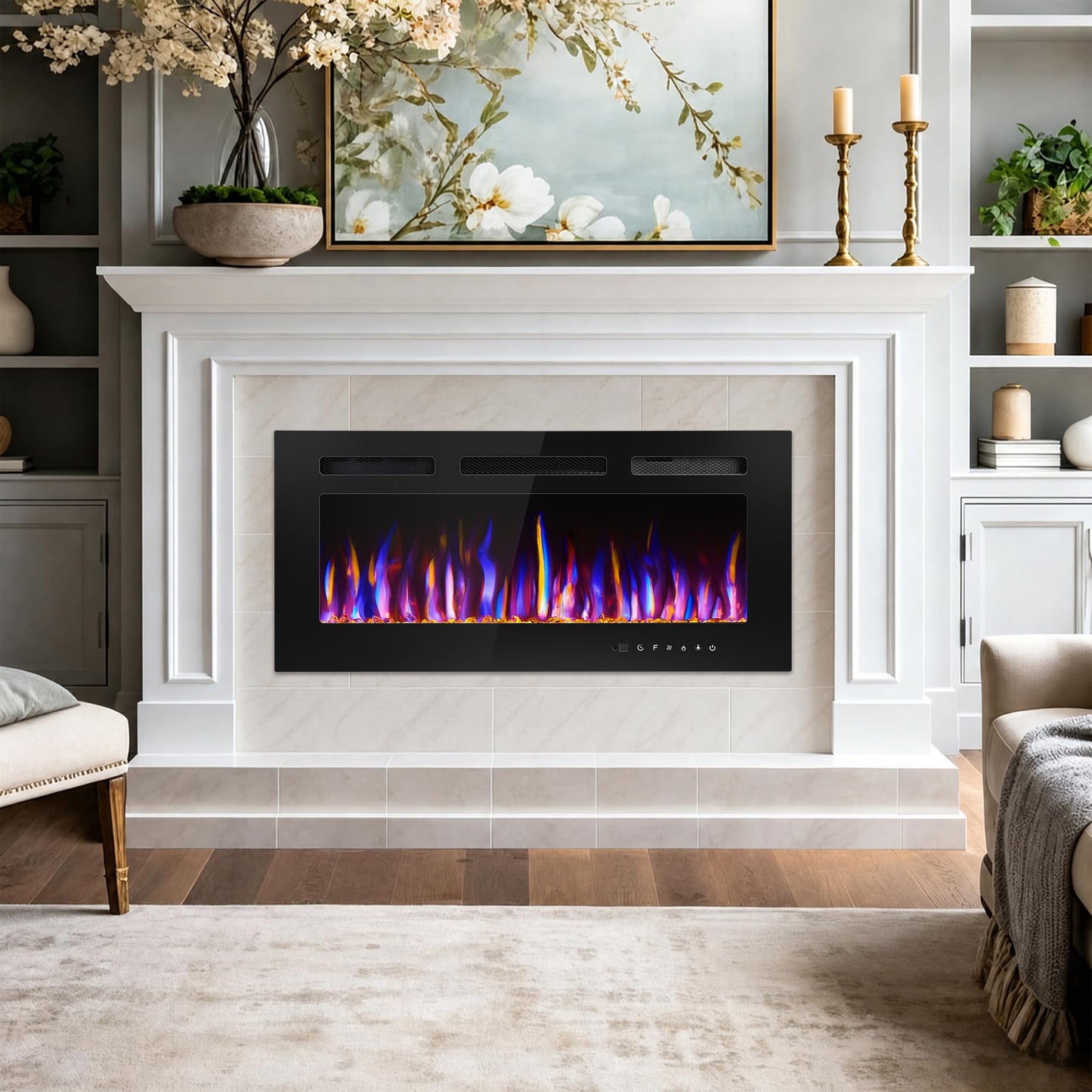 BETELNUT 36" Electric Fireplace Wall Mounted and Recessed with Remote Control, 750/1500W Ultra-Thin Wall Fireplace Heater W/Timer Adjustable Flame Color and Brightness, Log Set & Crystal Options