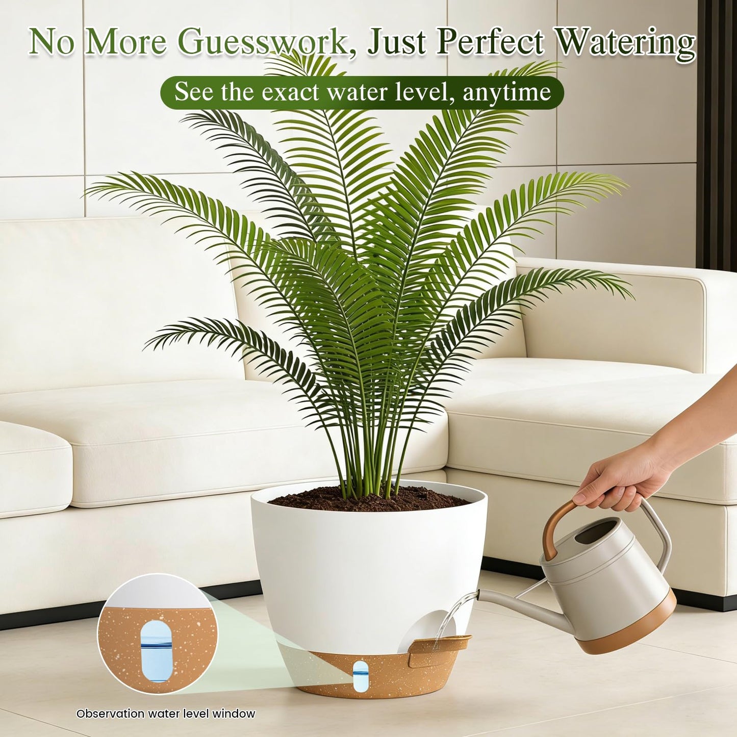 KUGAZ Plant Pots, 1 Pack 12 Inch Self Watering Pots with Drainage Holes, Water Level Indicator Deep Reservoir, Large Planters for Indoor Outdoor Plants - White Brown