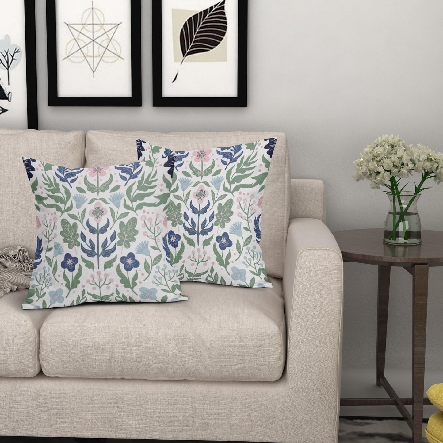 Blue Green Floral Pillow Covers 18x18 Set of 2 Navy Pink Sage Flower Flower Block Print Decorative Throw Pillowcases Outdoor Spring Summer Farmhouse Cushion Cases Decor for Home Couch Sofa Bed
