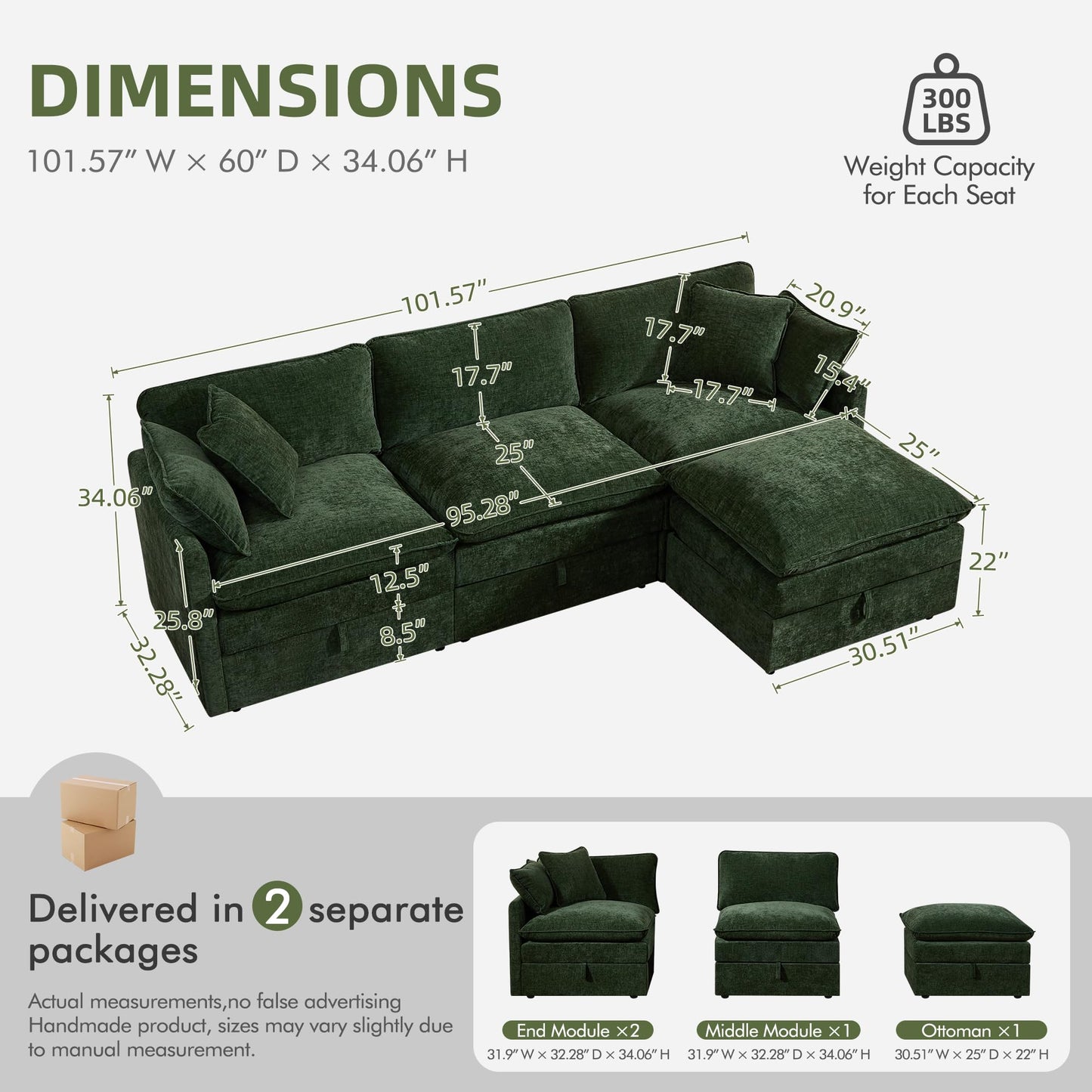 WorthFurni Modular Sectional Sofa with Storage Ottomans,102" L-Shaped Cloud Couch,Comfy Modern Couches with Pillows & Upholstered Deep Seat Cushion for Apartment Living Room Bedroom（Green）