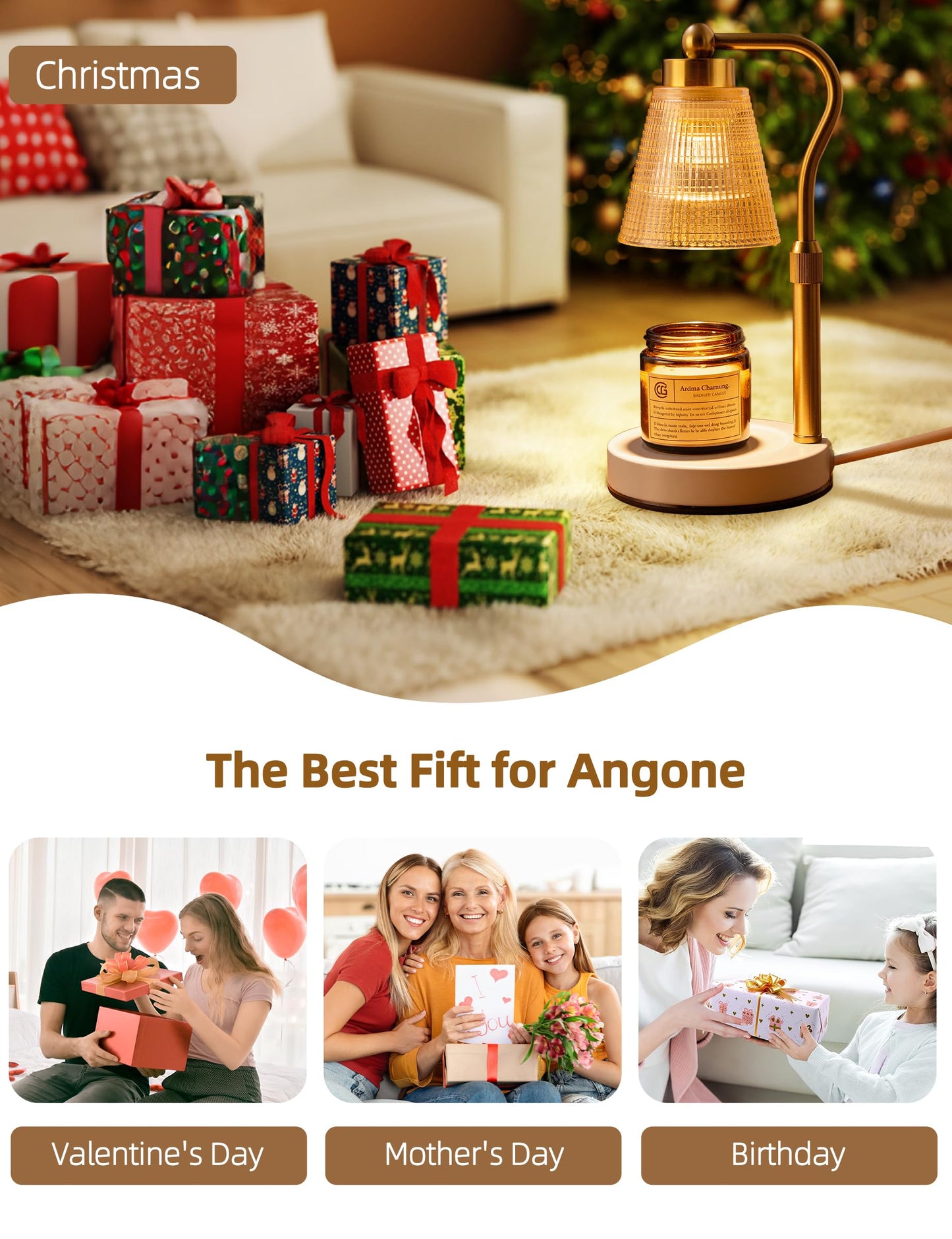 Candle Warmer Lamp for Jar Candles, Height Adjustable & Dimmable with 2/4/8H Timer, 2*50W Halogen Wax Melter Warmer for Home Office Décor, Flameless & Smokeless, Gift for Women Mom,Gold- Amber/1 Pack