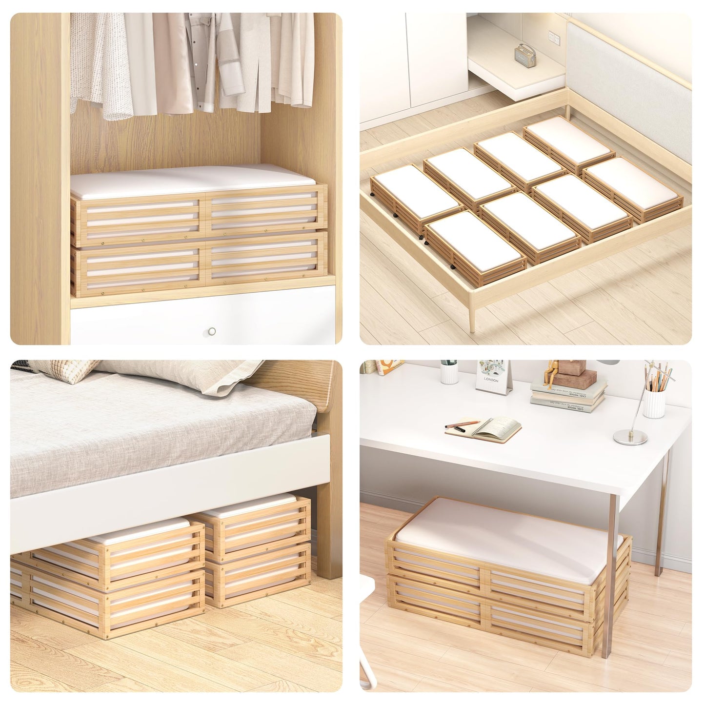 Wisuce Bamboo Under Bed Storage Containers- Underbed Organizer with Wheels with Dust Bag,Sturdy Wood Rolling Under the Bed Shoe Storage Organizer Drawers (Nature, 2 Pack (33.07"×16.54"))