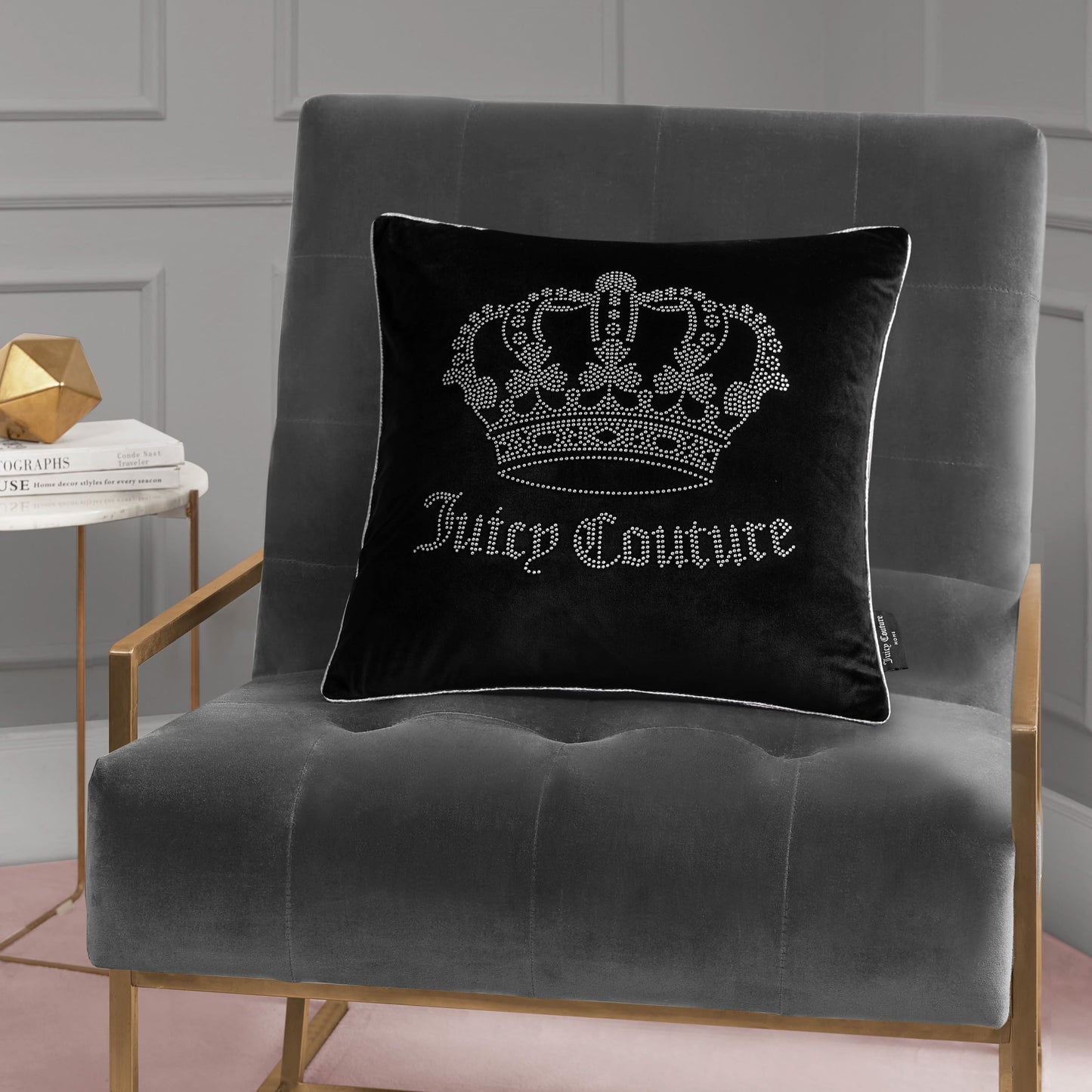 Juicy Couture Square 1-Piece Living Room and Bedroom Décor, Premium Throw Pillow, 20"x20", Black Rhinestone Crown