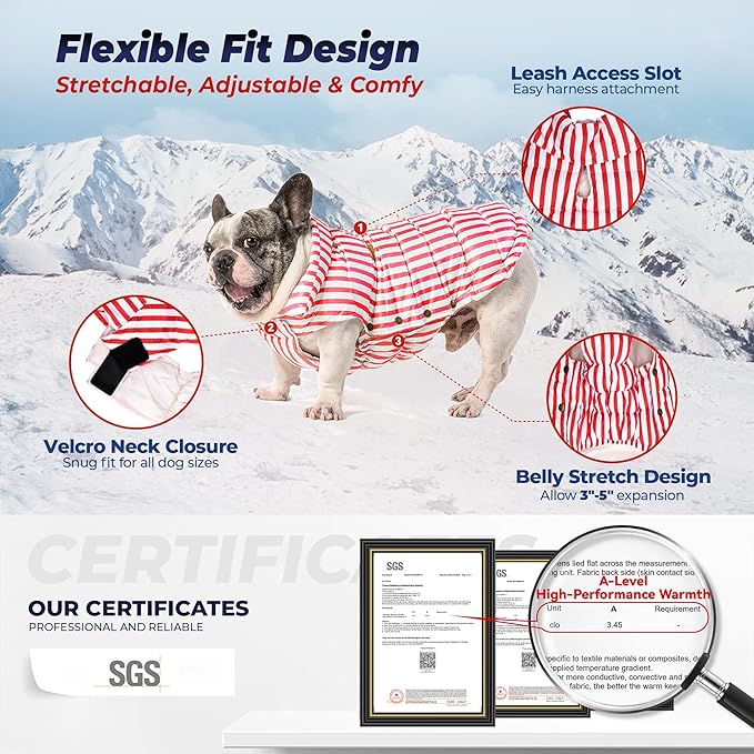 SPACE LION Dog Puffer Jacket, Down Winter Coat, Durable Outdoor Coat for Cold and Windy Conditions, Lightweight & Adjustable Fit Coats for Large Dogs, (RedStripe, Size28/4XL)