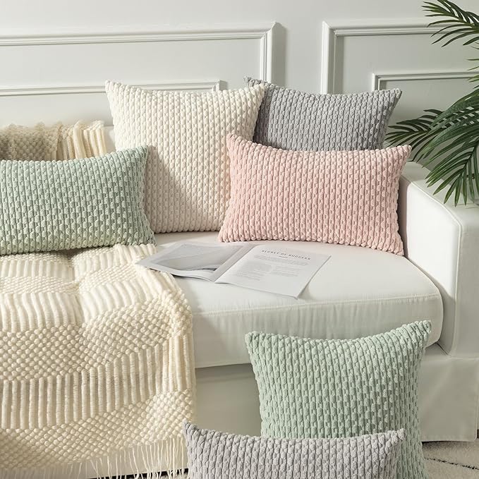 Kevin Textile Pack of 2 Corduroy Decorative Throw Pillow Covers 16x16 Inch Spring Soft Boho Striped Pillow Covers Modern Farmhouse Home Decor for Spring Sofa Living Room Couch Bed Light Green