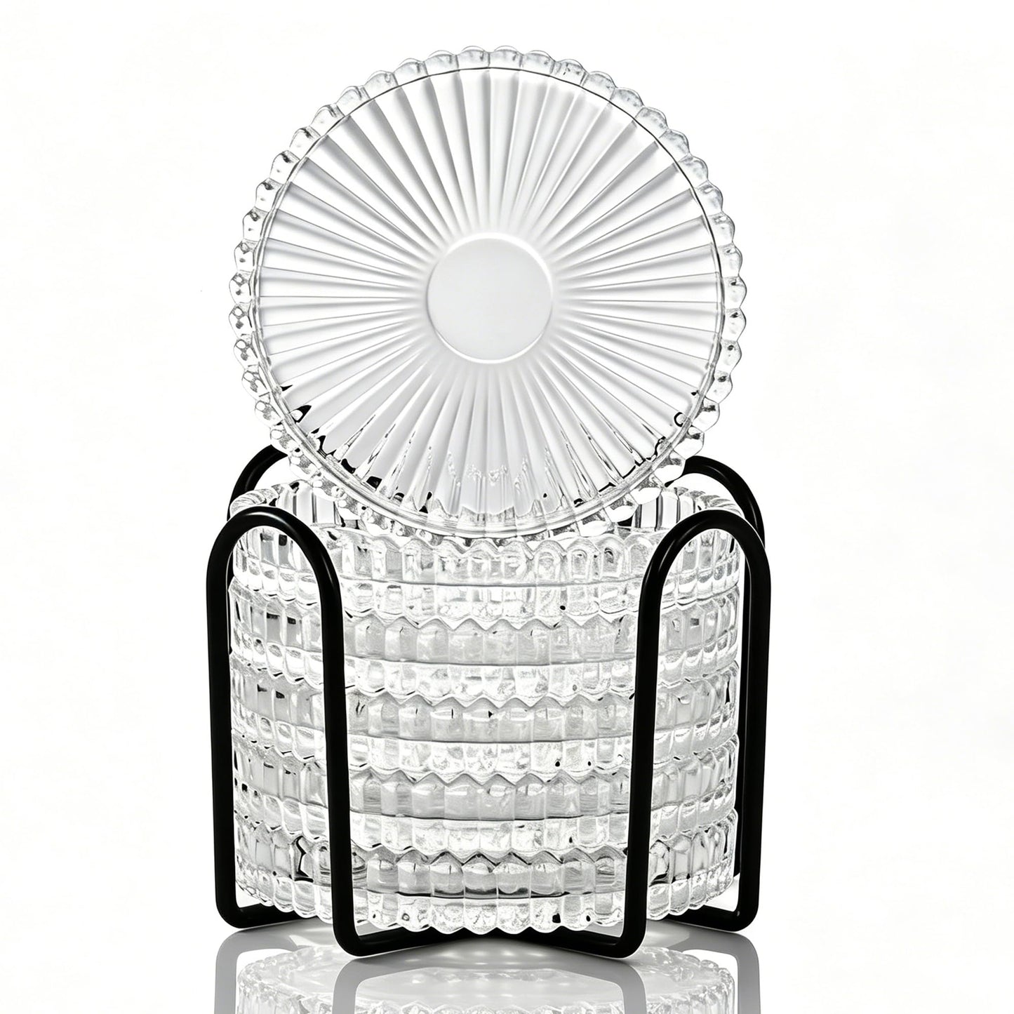 Modern Clear Coaster Set of 6- Glass Coasters for Drinks with Holder Crystal Coaster Round Cup Coasters Coffee Table Decor for Office, Kitchen, Bar, Dining Room, Living Room, Patio(Clear)