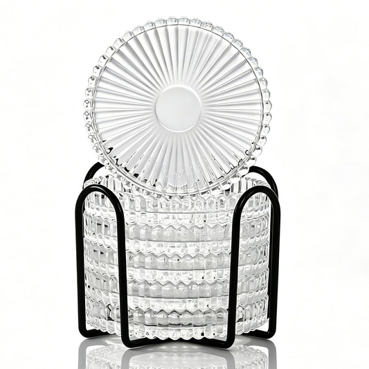 Modern Clear Coaster Set of 6- Glass Coasters for Drinks with Holder Crystal Coaster Round Cup Coasters Coffee Table Decor for Office, Kitchen, Bar, Dining Room, Living Room, Patio(Clear)