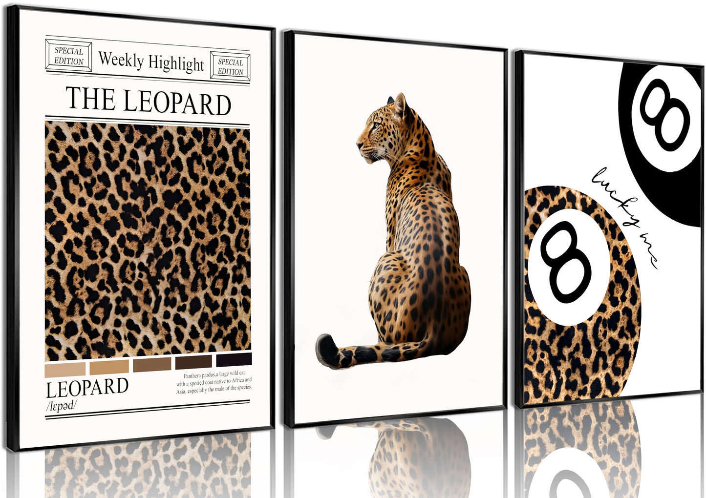 Trendy Leopard Wall Art Set of 3 Funky Lucky 8 Ball Posters Prints Preppy Room Aesthetic Cheetah Wall Decor Pictures for Girls Bedroom Apartment Dorm Unframed 16x24in