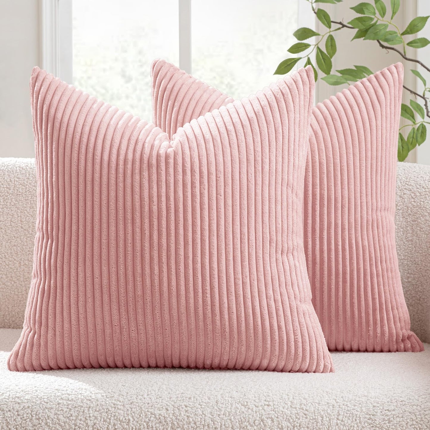 MIULEE Decorative Corduroy Pillow Covers Soft Solid Pack of 2 Cushion Cases Boho Square Throw Pillow Covers Pink Cute Pillowcases for Couch Chair Sofa Bed Living Room Home Decor 18 x 18 Inch