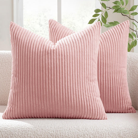 MIULEE Decorative Corduroy Pillow Covers Soft Solid Pack of 2 Cushion Cases Boho Square Throw Pillow Covers Pink Cute Pillowcases for Couch Chair Sofa Bed Living Room Home Decor 18 x 18 Inch