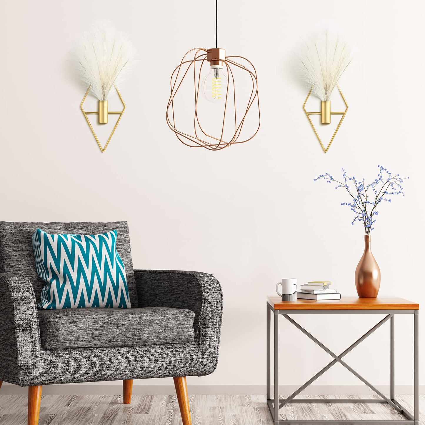Peryiter 2 Pcs Boho Wall Decor Metal Gold Wall Art Hanging Planters with Artificial Pampas Modern Home Decor Display Art for Living Room Bedroom Bathroom(Rhombus)