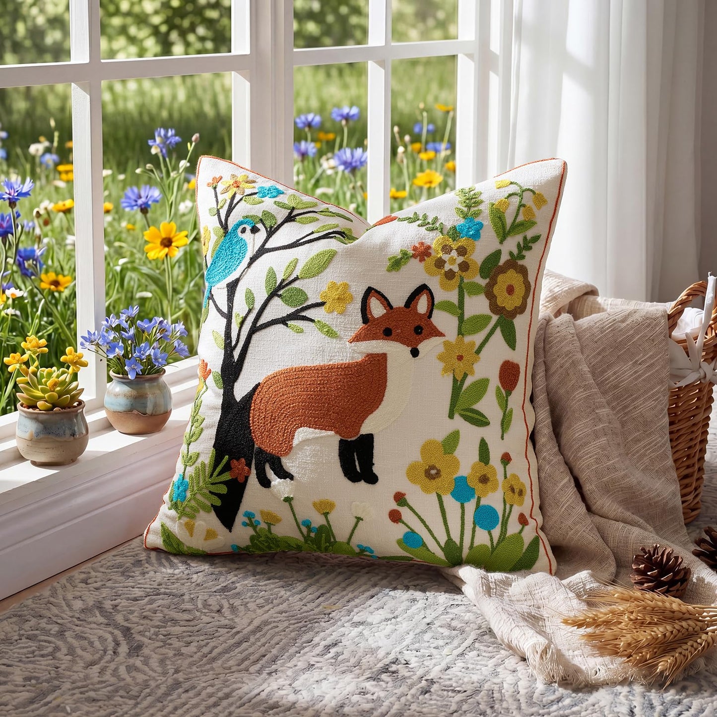 GIGIZAZA Decorative Pillow Covers 18x18 - Throw Pillow Textured Linen Covers for Couch Living Room Decor Cute Animal Patterned Cushion Covers Bed Embroidered Spring Pillowcases Pack of 1
