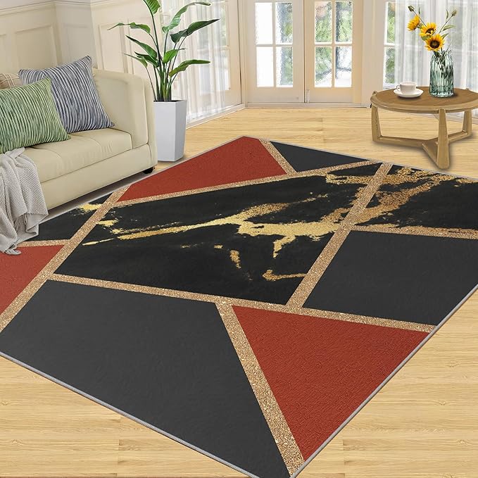 Black Gold Marble Area Rug Modern Abstract Marble Rug Polygonal Geometric Patchwork Carpet 3D Light Luxury Geometric Line Carpet for Living Room Playroom 4x5ft