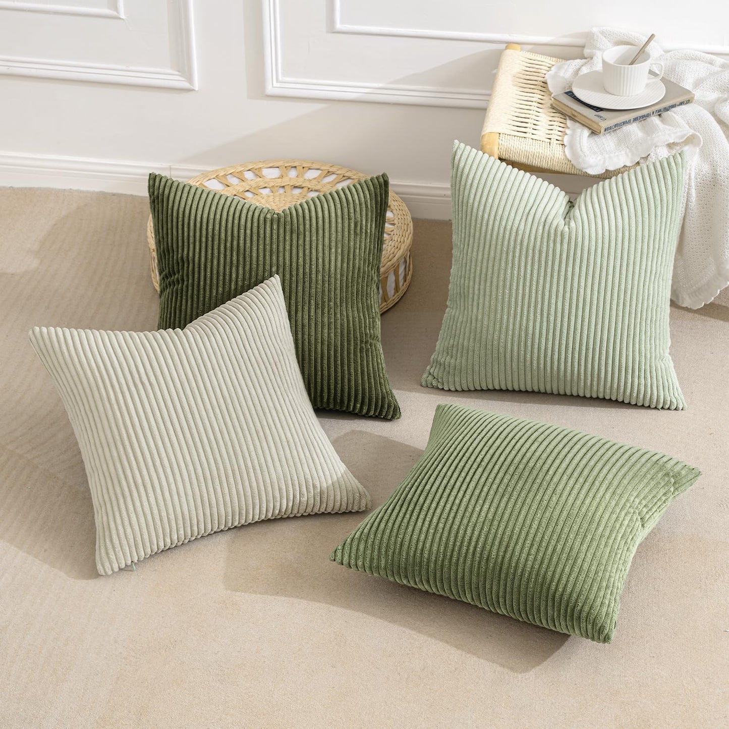 MIULEE Boho Farmhouse Throw Pillow Covers 20x20 Inch Set of 4 Mordern Neutral Green Cushion Covers Soft Corduroy Nordic Home Decor for Spring Couch Bed Sofa Living Room Green-White