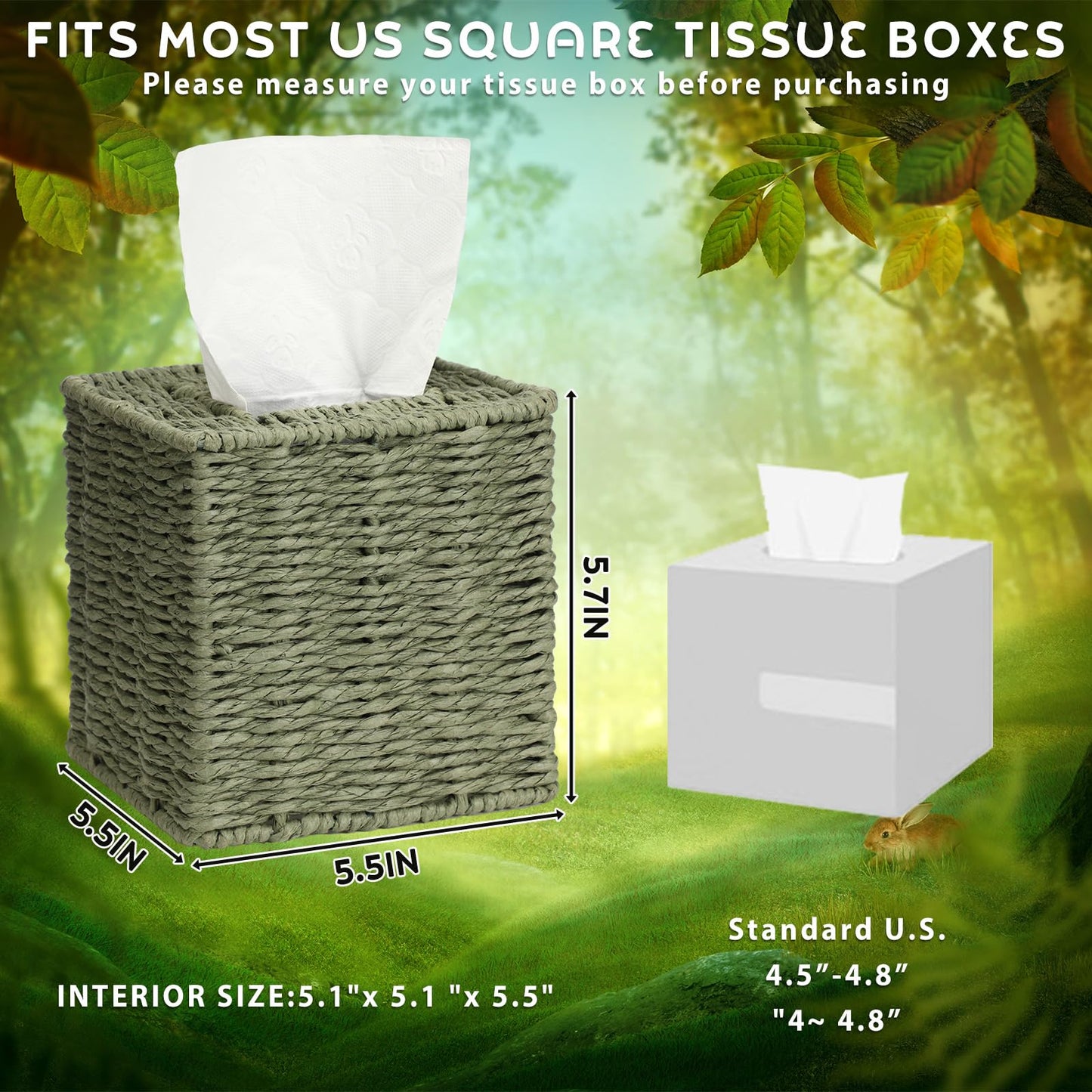 Thyle Sage Green Tissue Box Cover 2 Pack, Boho Hand Woven Paper Rope Square Tissue Box Holder, Decorative Cube Napkin Organizer for Bathroom, Bedroom, Living Room, Desk & Office