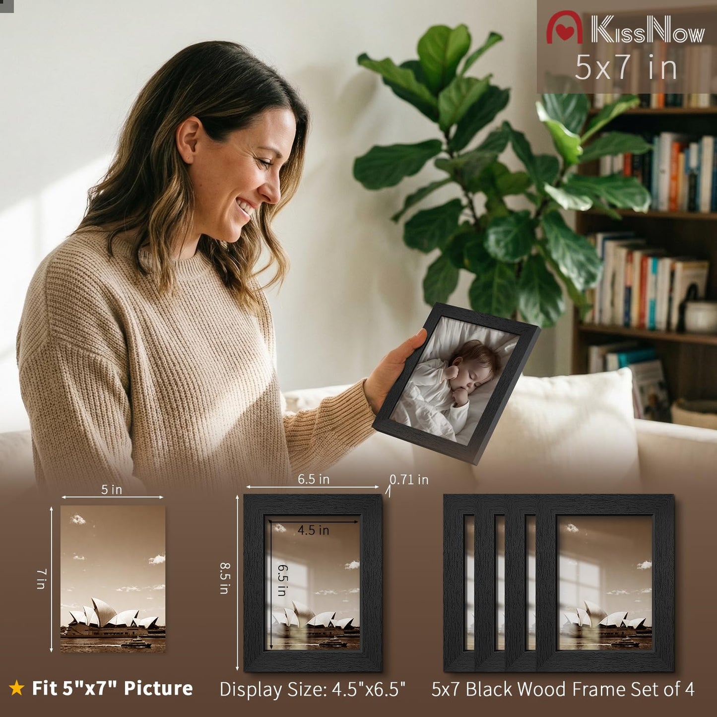 KissNow 5x7 Picture Frame 4 Pack, Black Wood 7x5 Frame, Tempered Glass, Vertical or Horizontal Tabletop Display for Photos & Art Prints