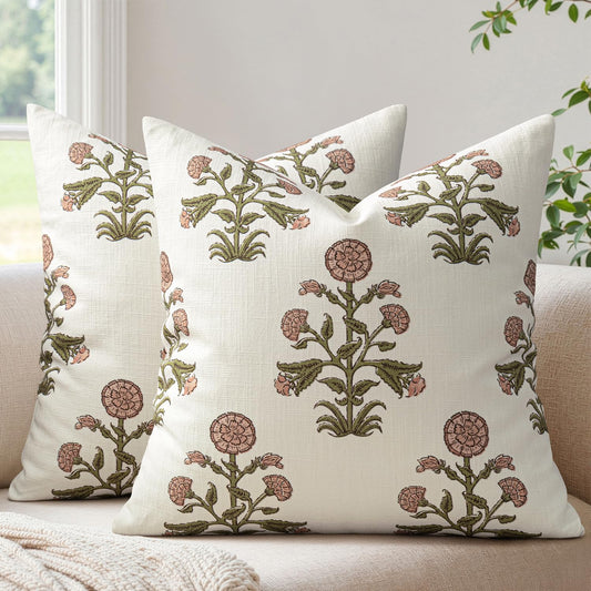 MIULEE Set of 2 Vintage Pillow Covers Neutral Decorative Floral Throw Pillows Block Print Boho Farmhouse Cushion Covers for Modern Rustic Home Decor Sofa Bed Living Room, 18 x 18 Inch, Rose Pink