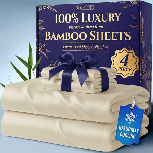 DECOLURE 100% Viscose Derived from Bamboo Sheets King Size - Luxury 4 Pc Naturally Cooling Sheets, Ultra Soft Bed Set - Deep 17" Pockets, Durable Double Stitching, Oeko Tex Standard (Creme)