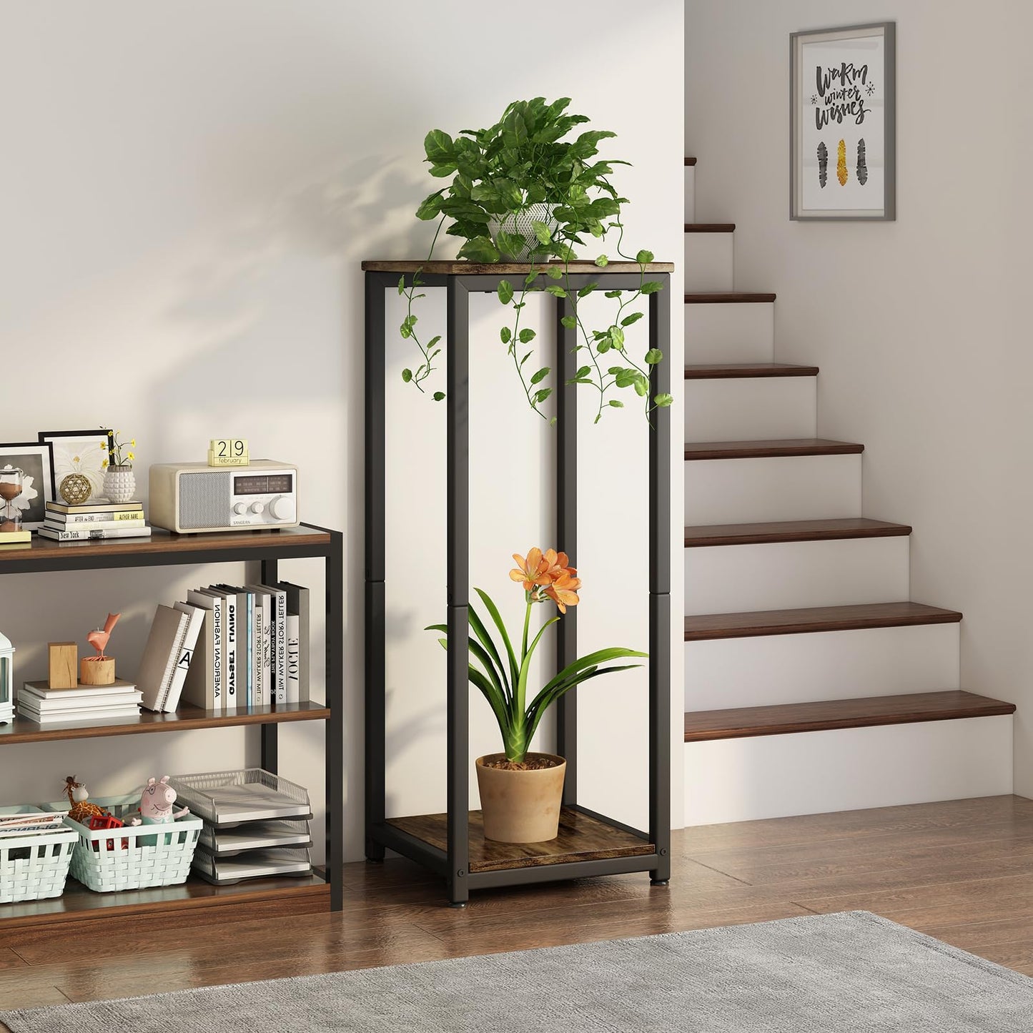 YIZAIJIA Plant Stand Indoor Corner Tall 2 Tier Metal Modern Flower Storage Plant Shelf Holder for Living Room Balcony Garden,Black (2 Tier-Black)