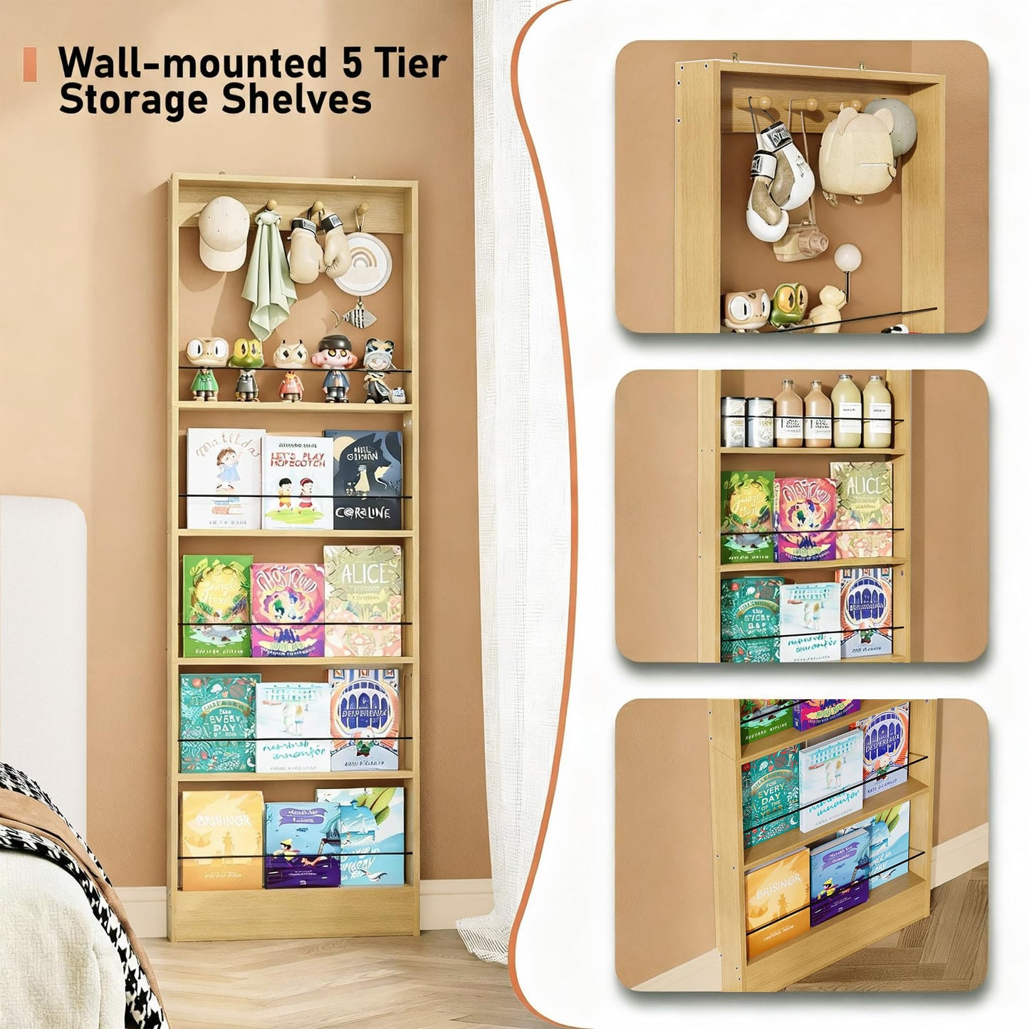 FerniTry Behind The Door Bookshelf Kids,Wooden Behind Door Bookshelf, 5-Tier Bookcase Book Shelf Space-Saving Organizer Storage for Toys and Story Books Wall Mount Shelves with Hooks(Oak)