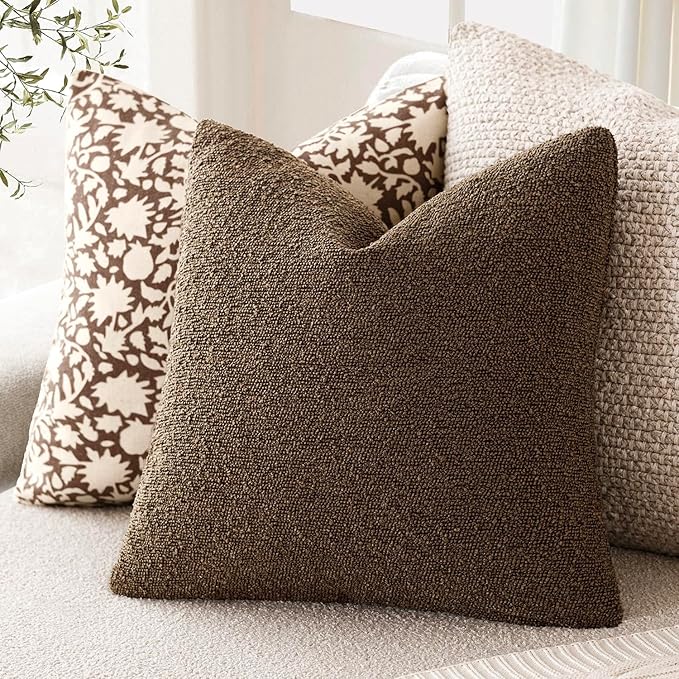 Foindtower Decorative Textured Boucle Throw Pillow Covers Accent Solid Pillow Cases Neutral Soft Cozy Couch Cushion Case for Chair Sofa Bedroom Living Room Home Decor 20x20 Inch,1PC,Chocolate