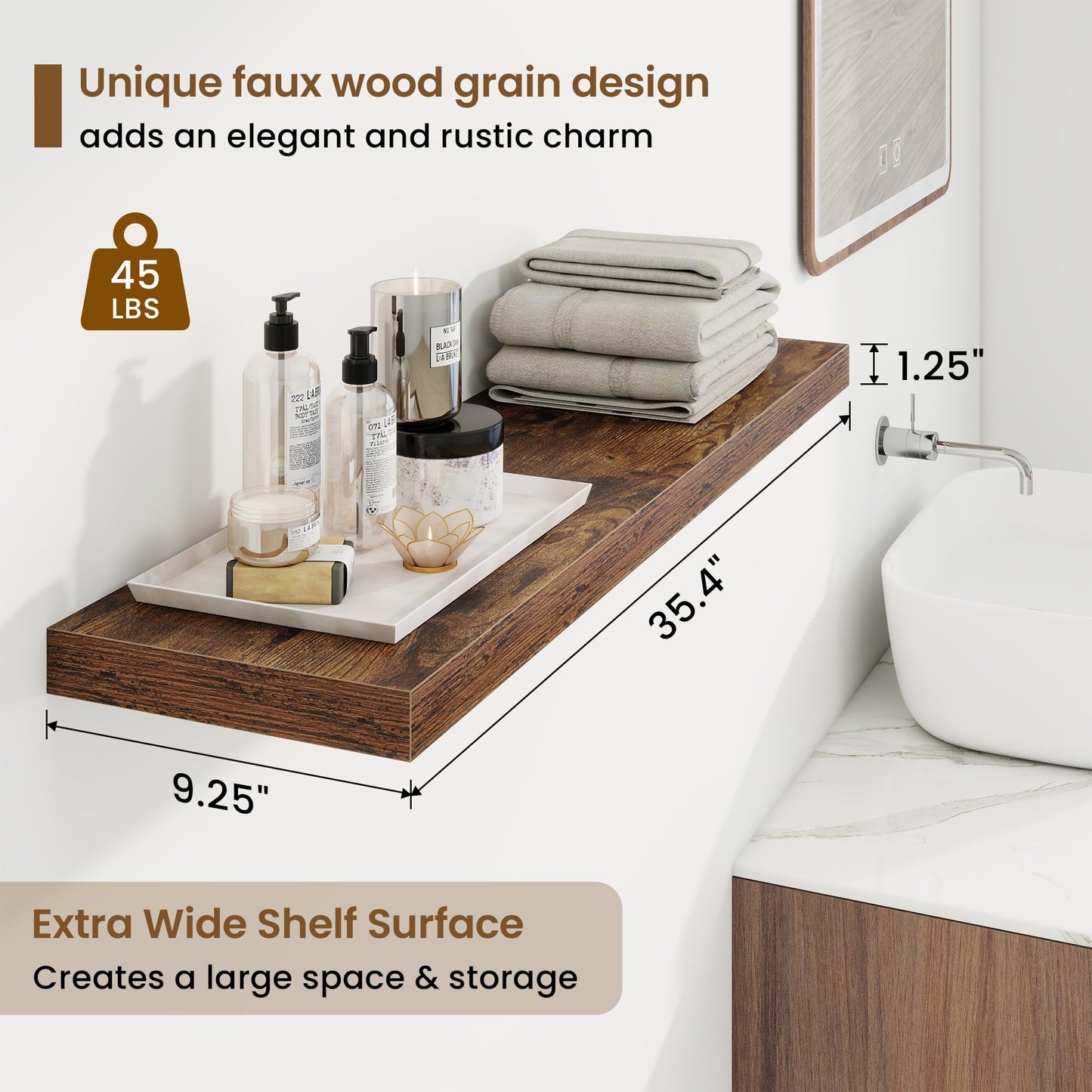 Marsmiles 36in Floating Shelves for Wall, 36" W x 9.25" D x 1.25" H, 2 Pack Long Wall Mounted Engineered Wood Shelves with Invisible Brackets for Living Room, Bedroom, Bathroom, Kitchen, Rustic Brown