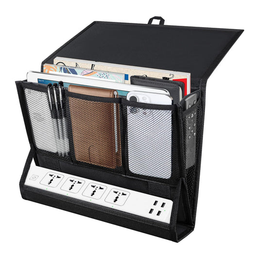 AKAYOK Bedside Caddy Hanging Bed Organizer Storage Bag Pocket with Power Strip Holder Multi-functional Organizer Caddy for Remotes Phone Glasses Magazines, Tablets, Accessories (7 pocket)