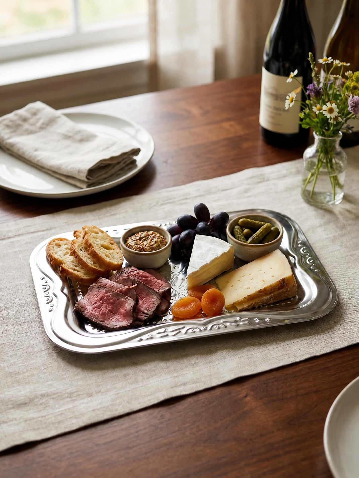 4-Pack Silver Serving Trays Set - ZENOVLUX Lightweight Bow Floral Engraved Mirror Decorative Tray, 13.8" x 8.7" Wedding Party Platters for BBQ, Food, Appetizer, Charcuterie, Cookies, Desserts