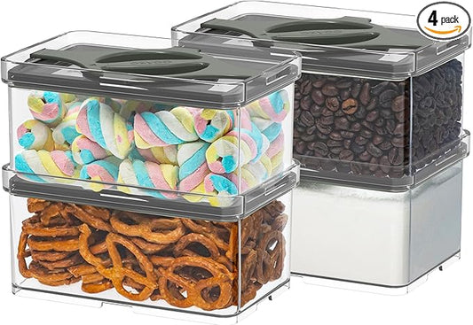 Prestoor 4-Pack Small Pantry Containers, 0.8 QT/0.76 L Clear SAN Food Storage Canisters with Twist-Lock Lids, Stackable for Sugar, Tea Bags, Seasoning, Nuts, Snacks (Black)